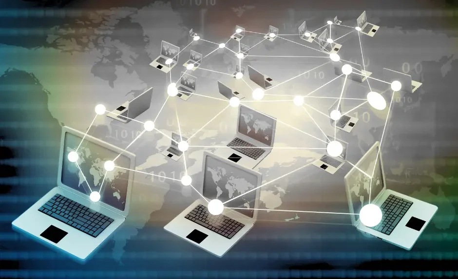 Bespoke investigative training is represented by an abstract depiction of many laptops being interconnected with a map of the world in the background