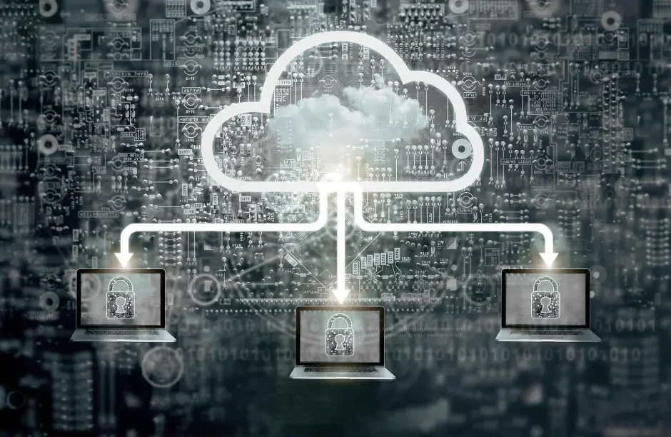 Bespoke solutions are represented by an abstract idea cloud branching into three different computers with cyber code throughout the background