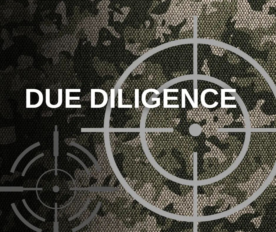 Due diligence is represented with target symbols overlayed on a military camouflage pattern.