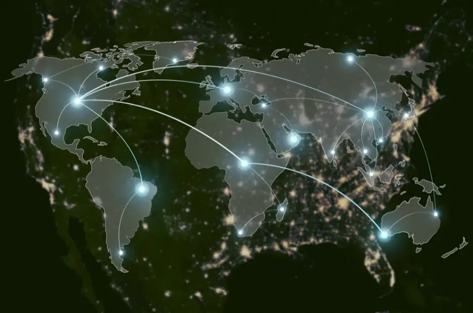 Advanced Targeting capabilities are represented by a night view map of the world with web of tracking overlayed